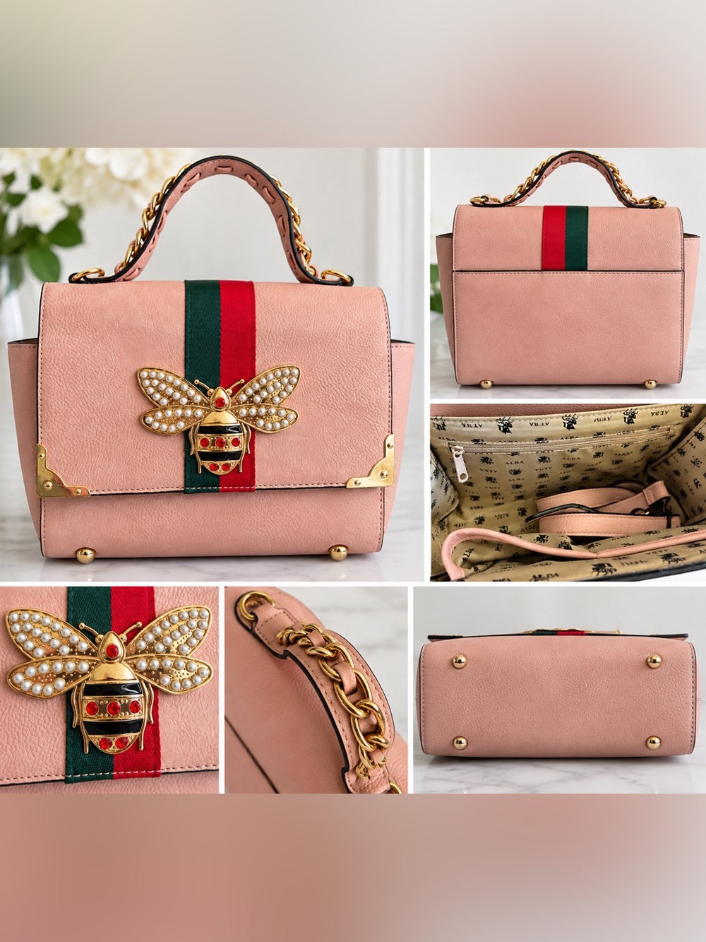 ALBA Blush Pink Bee Satchel Handbag Pearl Rhinestone Gold Chain Handle